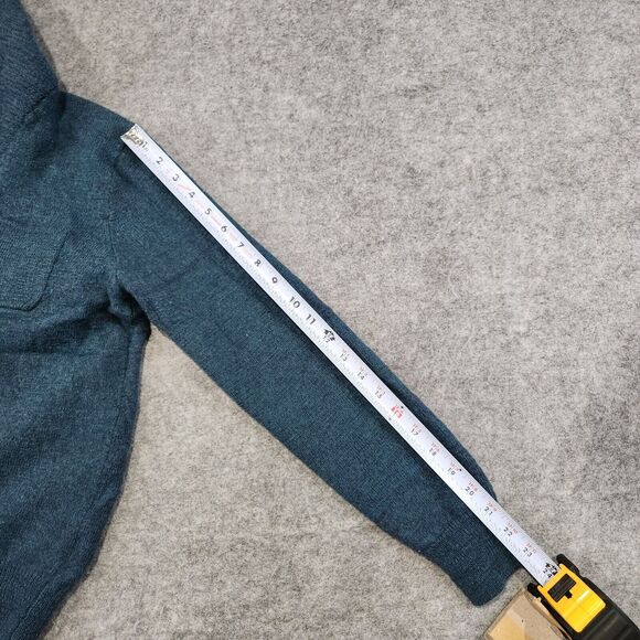 J Crew Women Merino Wool Slim Blue Shawl Collar Leather Elbow Patch Sweater READ - Picture 9 of 12